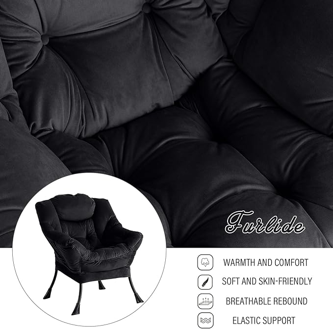 Lazy Chair with Ottoman, Modern Chair with Folding Footrest, Lounge Accent Chair, Comfortable Reading Chair, Oversized Armchairs for Bedroom, Study, Living Room, Courtyard (Black) - LeafyLoom
