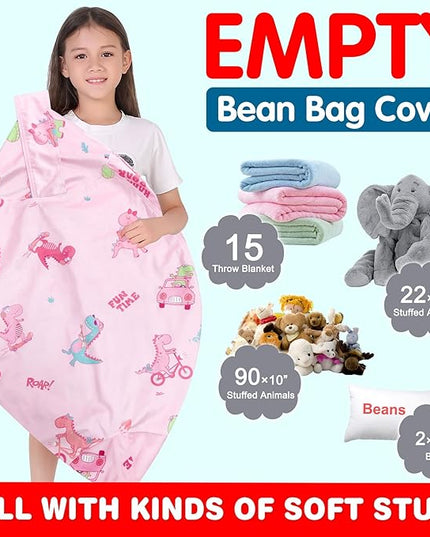 Lukeight Stuffed Animal Storage Bean Bag Chair Cover for Kids, Dinosaur Zipper Beanbag Chair Cover for Organizing Toddler & Kids' Rooms Plush Toys (Dino Pink, X-Large) - LeafyLoom