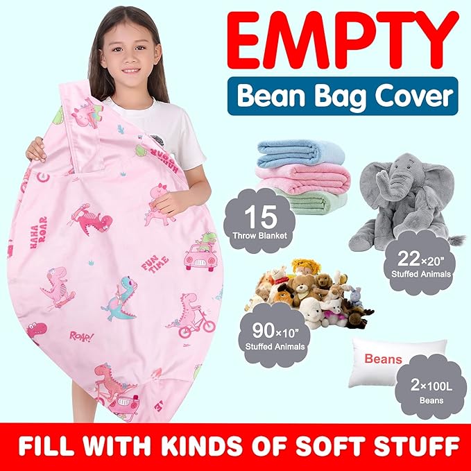 Lukeight Stuffed Animal Storage Bean Bag Chair Cover for Kids, Dinosaur Zipper Beanbag Chair Cover for Organizing Toddler & Kids' Rooms Plush Toys (Dino Pink, X-Large) - LeafyLoom