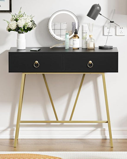 Anmytek Home Office Desk Black Writing Desk with 2 Drawers Modern & Simple Makeup Vanity Study Table Small Computer Desk, D0007 - LeafyLoom