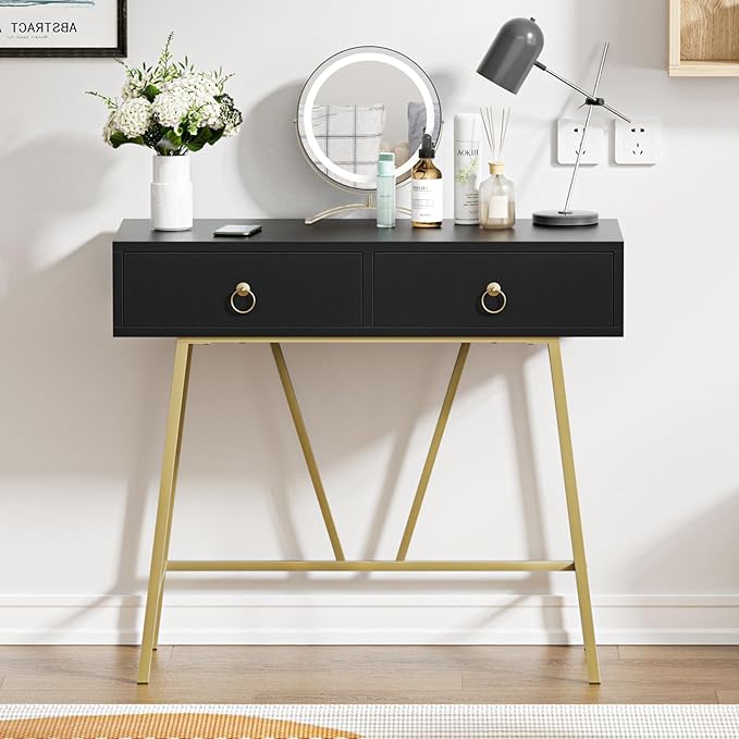 Anmytek Home Office Desk Black Writing Desk with 2 Drawers Modern & Simple Makeup Vanity Study Table Small Computer Desk, D0007 - LeafyLoom