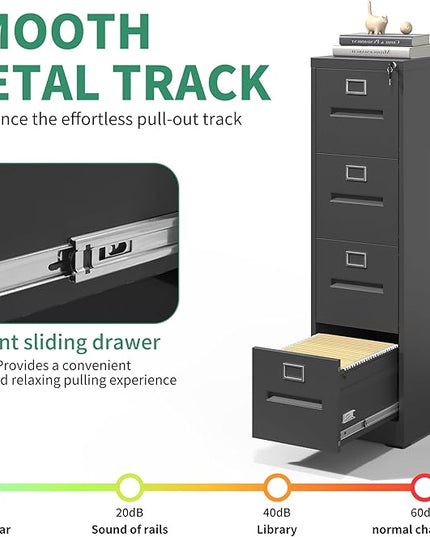 4 Drawer File Cabinet,Metal Filing Cabinets with Lock,Black Vertical File Cabinet for Home Office,Heavy Duty Metal Storage Cabinet for A4/Letter/Legal Size File,Assembly Required - LeafyLoom
