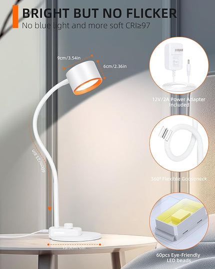 LED Desk Lamp, 1200LM for Home Office, Fully Dimmable Bedside Reading Lamp with USB C + A Charging Ports, 5 Colors, 12W Gooseneck Lamp, Metal Small Table Lamps for Bedroom Living Room White - LeafyLoom