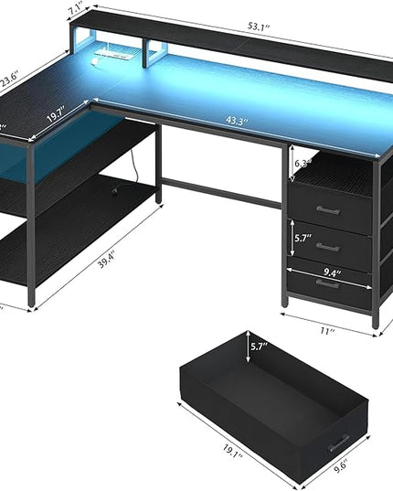 L Shaped Desk with 3 Drawer & 3 Open Shelf, Computer Desk with LED Lights & Power Outlets, Home Office Desk with Reversible Storage Shelves & Monitor Stand, Corner Desk for Small Space - LeafyLoom