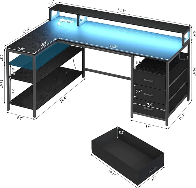 L Shaped Desk with 3 Drawer & 3 Open Shelf, Computer Desk with LED Lights & Power Outlets, Home Office Desk with Reversible Storage Shelves & Monitor Stand, Corner Desk for Small Space - LeafyLoom