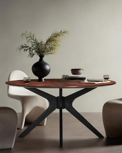 Soohow 47.2'' Round Dining Table Dining Room Table for 4-6 People,Kitchen Table Round Solid Wood Dining Table with Intersecting Pedestal Base,Walnut/Black - LeafyLoom