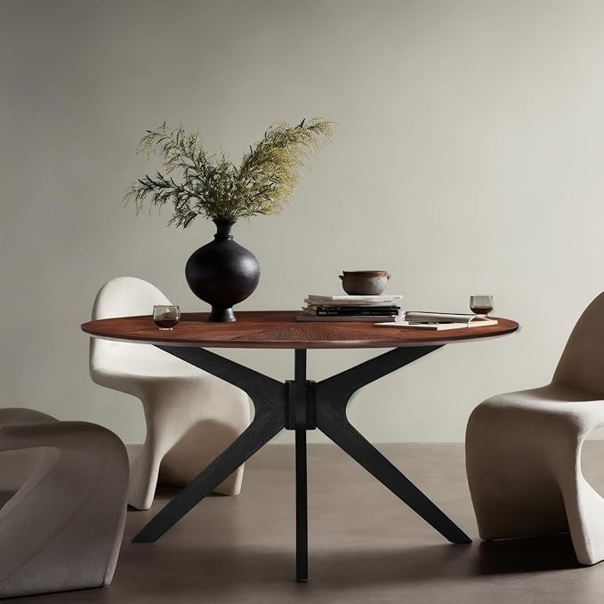 Soohow 47.2'' Round Dining Table Dining Room Table for 4-6 People,Kitchen Table Round Solid Wood Dining Table with Intersecting Pedestal Base,Walnut/Black - LeafyLoom