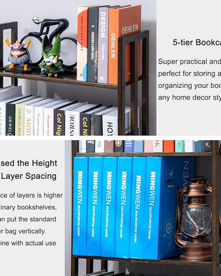 COPREE 5 Tier Bookshelf, Bamboo Space-Saving Tall Book Shelves,Walnut-Colored Freestanding Narrow Book Rack Organizer Shelving Unit Storage for Small Space, Living Room, Bedroom and Office - LeafyLoom
