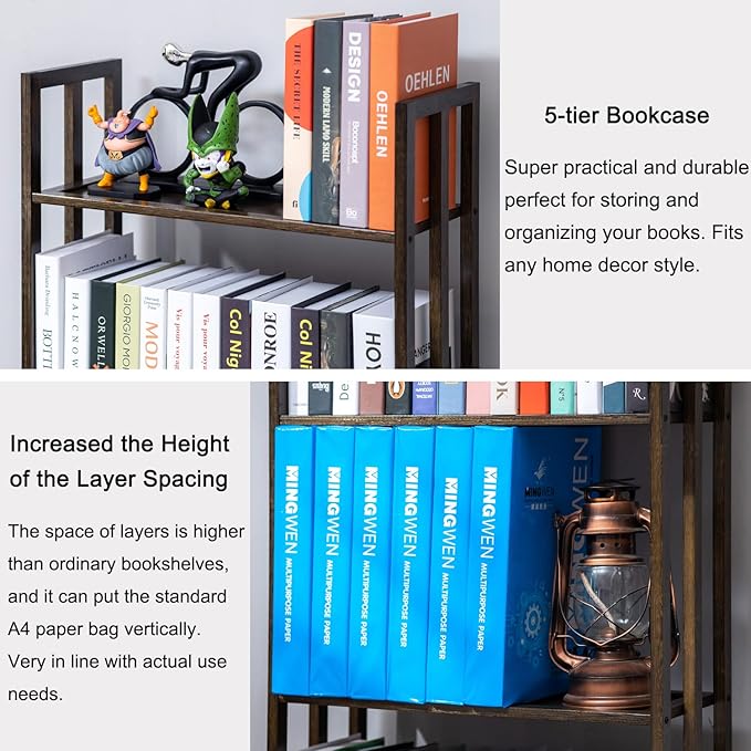 COPREE 5 Tier Bookshelf, Bamboo Space-Saving Tall Book Shelves,Walnut-Colored Freestanding Narrow Book Rack Organizer Shelving Unit Storage for Small Space, Living Room, Bedroom and Office - LeafyLoom