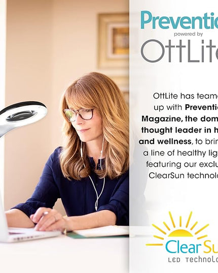 OttLite LED Desk Lamp with Adjustable Magnifier, Prevention Series - Designed to Reduce Eyestrain - Adjustable Flexible Neck, 4 Brightness Settings & Touch Controls - Crafting, Reading & Studying - LeafyLoom