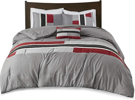 Mi Zone Cozy Comforter Set Geometric Stripes Vibrant Color Design All Season Bedding Matching Shams, Decorative Pillow, Full/Queen, Red/Grey, 4 Piece - LeafyLoom