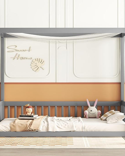 Twin Size Canopy Bed Frame with Guardrails for Kids,Floor Bed Twin with Four Poster Design,Kids Montessori Floor Bed,Wood Canopy Bed Frame for Girls,Boys(Twin,Grey) - LeafyLoom
