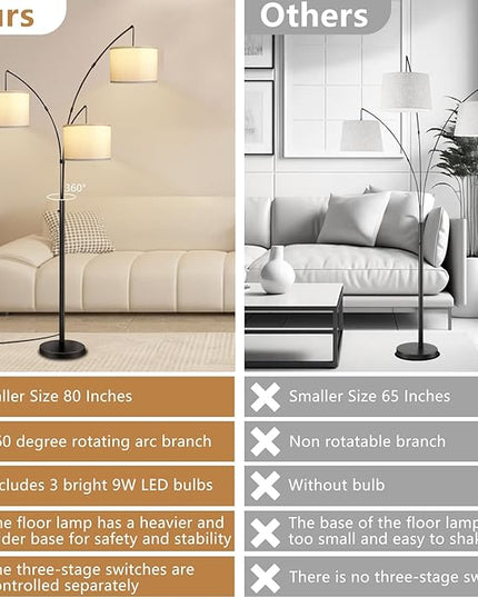Arc Floor Lamps for Living Room,Modern Mid Century Tall Standing Floor Lamp with Heavy Base for Bedroom Office,3-Light Floor Lamp with Adjustable Hanging and 3 LED Bulbs (Black+White Shade) - LeafyLoom