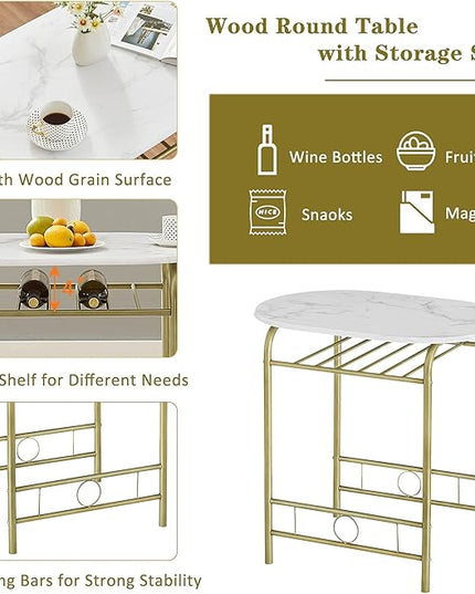VECELO 3-Piece Dining Table Set for Kitchen Breakfast Nook, Wood Grain Oval Tabletop and Metal Frame with Built-in Wine Rack, for Small Spaces, 31.5", White & Gold - LeafyLoom
