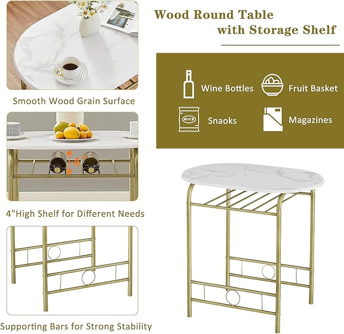 VECELO 3-Piece Dining Table Set for Kitchen Breakfast Nook, Wood Grain Oval Tabletop and Metal Frame with Built-in Wine Rack, for Small Spaces, 31.5", White & Gold - LeafyLoom