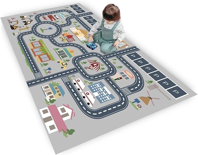 kid rug carpet playmat for toy cars and trains,road traffic kids play area rug,city Life town play Mat for Playroom Bedroom Boys,Children's Educational Fun Throw Rug with Rubber Backing 55X79IN - LeafyLoom