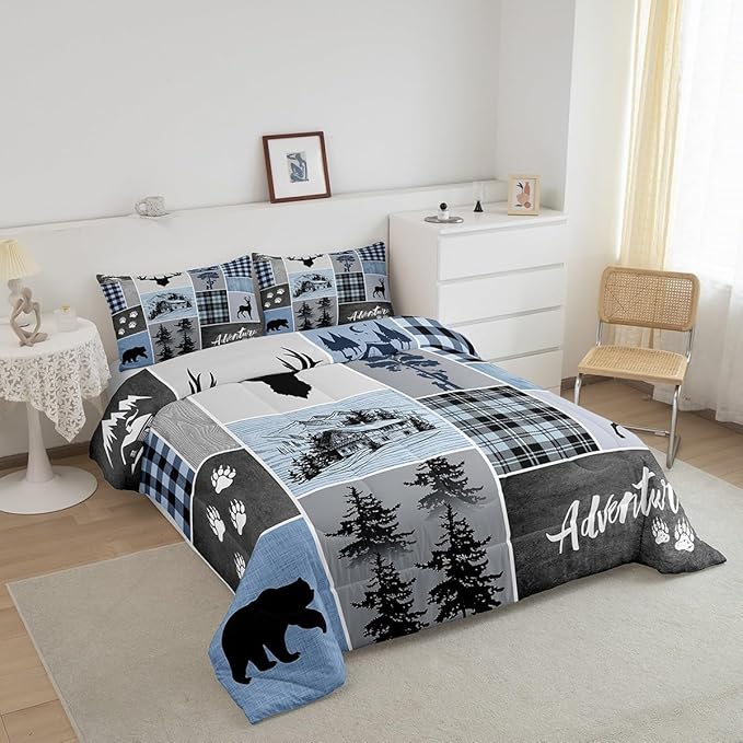Manfei Deer Antler Comforter Set Queen Size,Bear Paws Rustic Farmhouse Xmas Bedding Set for Kids Boys Girls Adults Room Decor,Plaids Patchwork Adventure Down Comforter,Blue Duvet Insert,2 Pillowcases - LeafyLoom