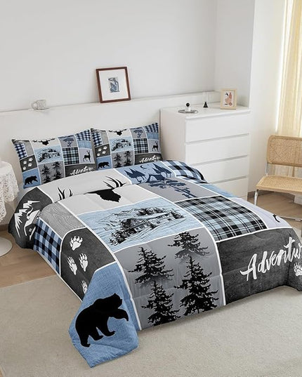Manfei Deer Antler Comforter Set King Size,Bear Paws Rustic Farmhouse Xmas Bedding Set for Kids Boys Girls Adults Room Decor,Plaids Patchwork Adventure Down Comforter,Blue Duvet Insert,2 Pillowcases - LeafyLoom
