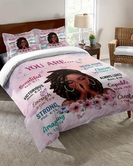 Kids Comforter Sets Queen Size, Prayer Girl and African American Girl Inspirational Quotes with Floral Butterfly, Teens Bedding Sets for Girls Women (Queen, Pink White) - LeafyLoom