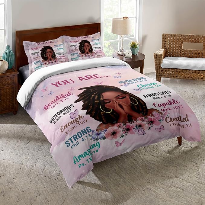Kids Comforter Sets Queen Size, Prayer Girl and African American Girl Inspirational Quotes with Floral Butterfly, Teens Bedding Sets for Girls Women (Queen, Pink White) - LeafyLoom