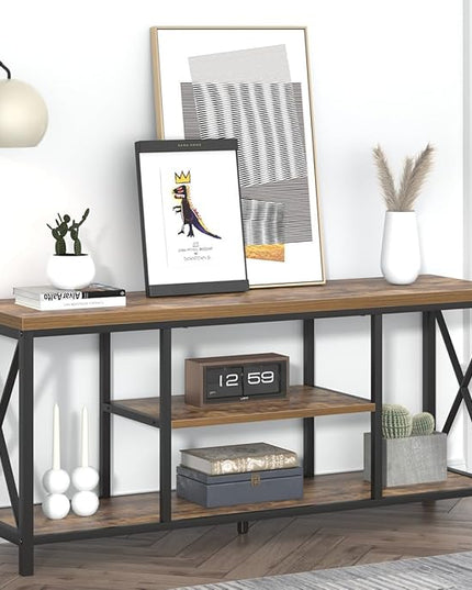 55 Inch TV Stand for Televisions up to 65 Inch, Modern Entertainment Center with Storage Shelves, Industrial Media TV Console for Living Room, Bedroom, Rustic Brown - LeafyLoom
