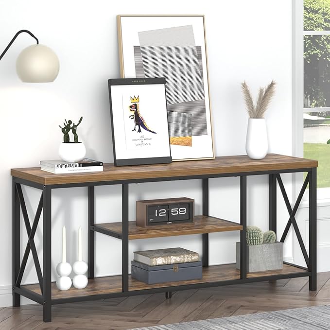 55 Inch TV Stand for Televisions up to 65 Inch, Modern Entertainment Center with Storage Shelves, Industrial Media TV Console for Living Room, Bedroom, Rustic Brown - LeafyLoom