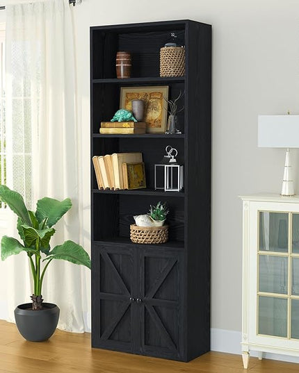 oneinmil 6 Tier Bookshelf and Bookcase, Wooden Bookshelves with Cabinet Doors, Floor Bookshelves and Office Storage Cabinets for Home Office, Living Room,Black - LeafyLoom