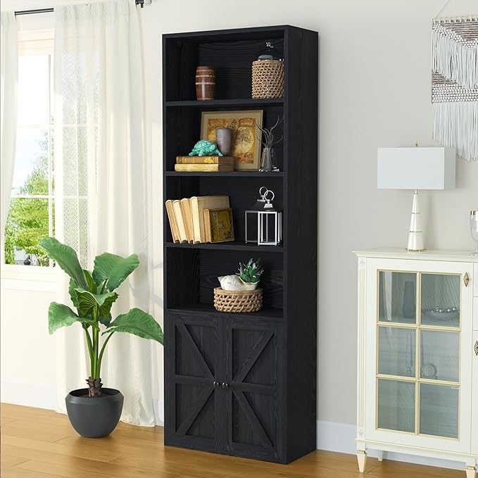 oneinmil 6 Tier Bookshelf and Bookcase, Wooden Bookshelves with Cabinet Doors, Floor Bookshelves and Office Storage Cabinets for Home Office, Living Room,Black - LeafyLoom