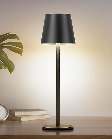 Cordless Table Lamp, 5200mAh IP54 Waterproof Rechargeable Battery Desk Lamp, 3 Color Stepless Dimming Up, Battery Operated Lamp for Kitchen/Bedside/Outdoor/Restaurant/Camping (Black) - LeafyLoom