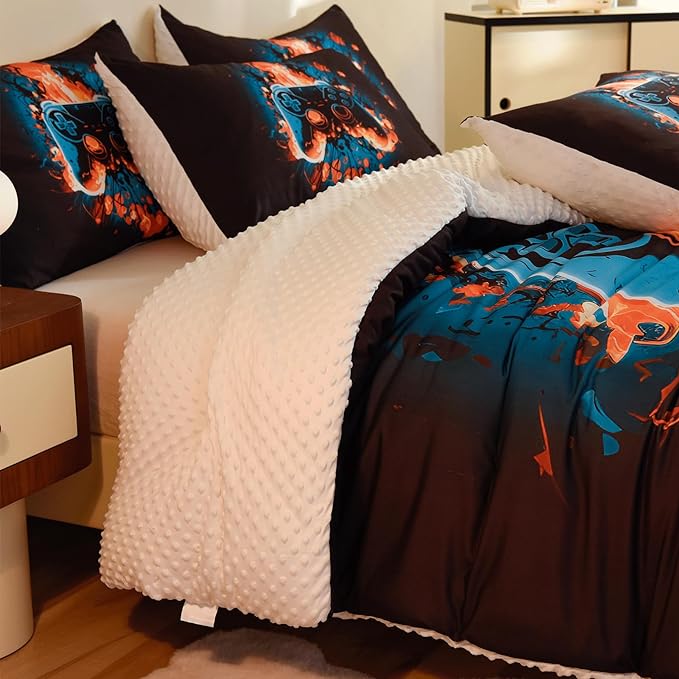 Video Game Full Size Comforter Set for Boys Kids Teens Gamepad Gaming Controller and Fire Pattern Bedding Set- 3 Piece Quilt with 2 Pillowcases (80"x90") - LeafyLoom