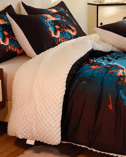 Video Game Twin Size Comforter Set for Boys Kids Teens Gamepad Gaming Controller and Fire Pattern Bedding Set- 3 Piece Quilt with 2 Pillowcases (68"x90") - LeafyLoom