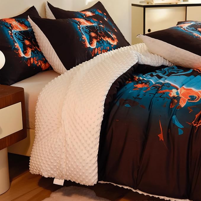 Video Game Twin Size Comforter Set for Boys Kids Teens Gamepad Gaming Controller and Fire Pattern Bedding Set- 3 Piece Quilt with 2 Pillowcases (68"x90") - LeafyLoom