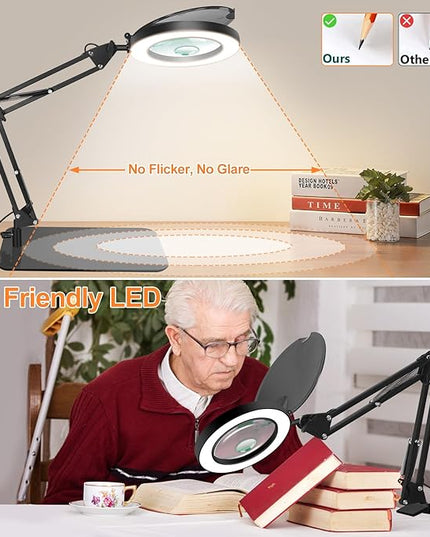 Magnifying Glass with Light and Stand, 5X&10X Lighted Magnifying Glass with Dust Cover, 3 Colors Stepless Dimming Magnifying Lamp with Night and 30Min Timer Mode for Reading Hobby Craft Close Work - LeafyLoom