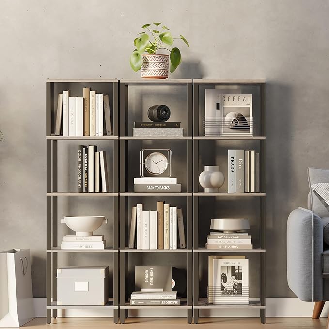 TUTOTAK Bookshelf, 5-Tier Tall Book Shelf, Narrow Bookcase for Small Space, DIY Stackable Bookshelf, for Living Room, Office, Study, Entryway, Industrial, Greige and Black BS01BG005 - LeafyLoom