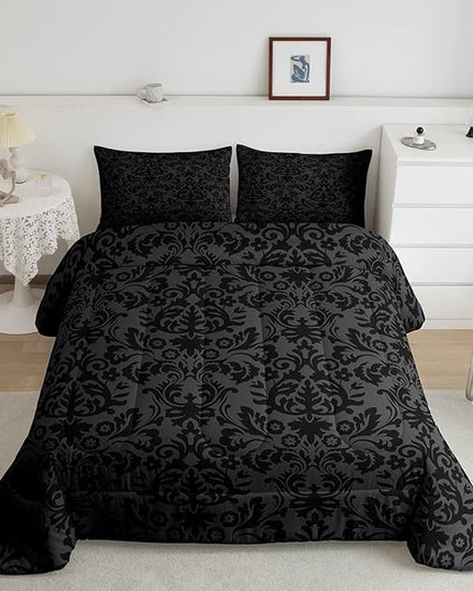 Erosebridal Adults Black Damask Bedding Set Antique Victorian Baroque Down Comforter Queen Gothic Vintage Floral Comforter Set Bohemian Exotic Bedding Quilted Bedroom Decor 2 Pillow Cases - LeafyLoom