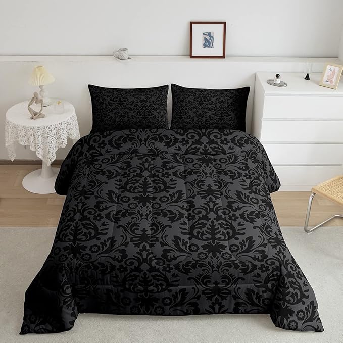 Erosebridal Adults Black Damask Bedding Set Antique Victorian Baroque Down Comforter Queen Gothic Vintage Floral Comforter Set Bohemian Exotic Bedding Quilted Bedroom Decor 2 Pillow Cases - LeafyLoom