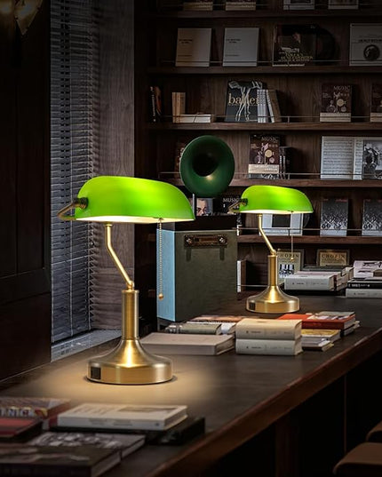 Banker Desk Lamp Green Glass, Antique Desk Lamps with Brass Base, Traditional Library Table Lamp with USB A and Type C Charging Port for Office, Study Room, Pull Chain Switch - LeafyLoom