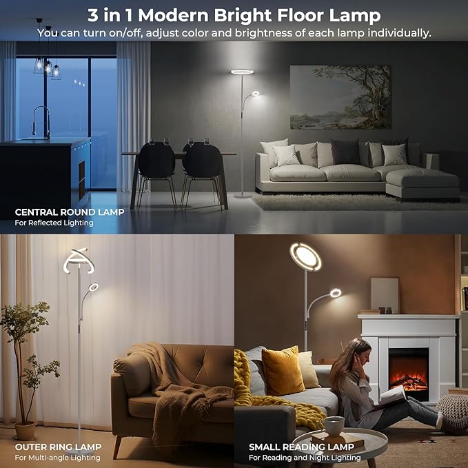 FIMEI 3 in 1 Floor Lamp, Modern Bright Standing Lamp with Split Rotatable Outer Ring Light and Small Reading Light, 4 Color and Dimmable, 3-Way Independent Control for Living Room Office, Gray - LeafyLoom