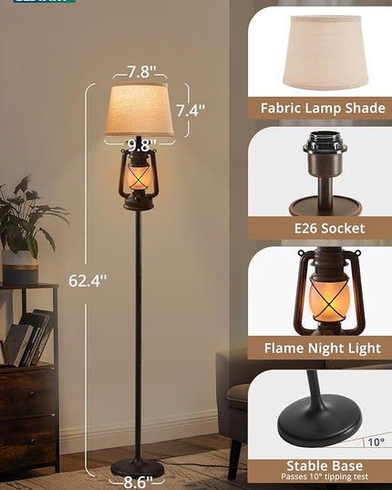 LEDIARY LED Flashing Flame Night Lantern Farmhouse Floor Lamp for Living Room, Rustic Standing Lamp with Beige Linen Drum Lampshade, Lantern Floor Lamps for Bedroom Home Decor - LeafyLoom
