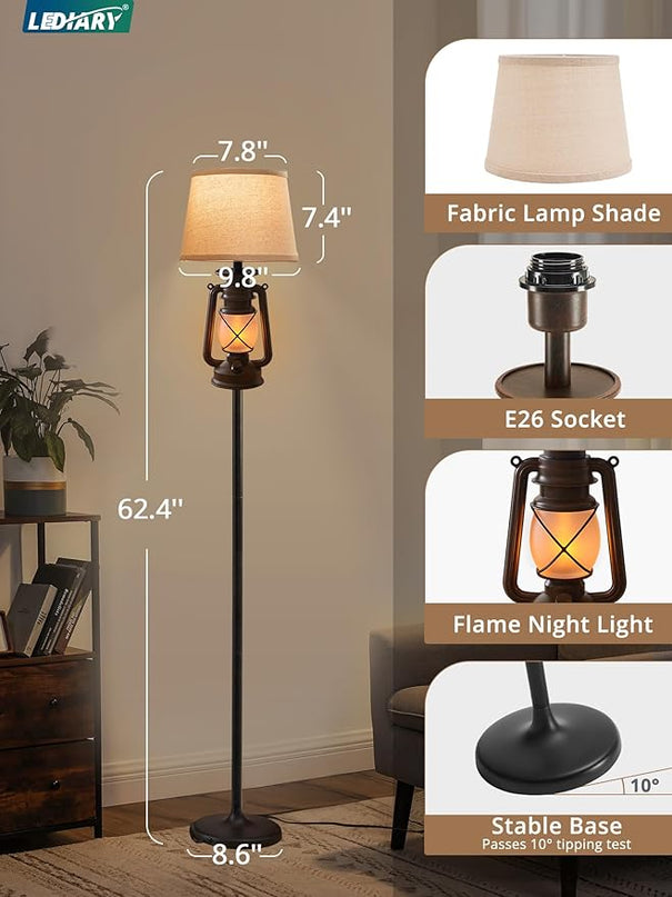 LEDIARY LED Flashing Flame Night Lantern Farmhouse Floor Lamp for Living Room, Rustic Standing Lamp with Beige Linen Drum Lampshade, Lantern Floor Lamps for Bedroom Home Decor - LeafyLoom