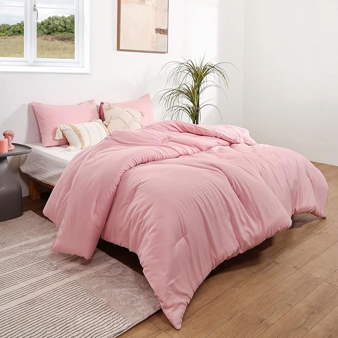 ROSGONIA Full Size Comforter Sets for Girls Boys Teens Pink, 3pcs (1 Boho Comforter & 2 Pillowcases), Lightweight Dorm Bedding Soft All Season Bed Set - LeafyLoom