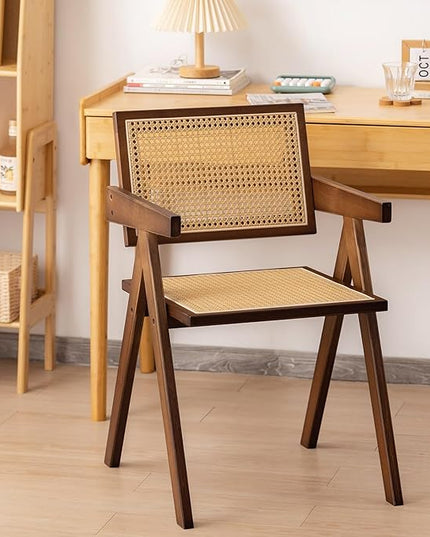 Rattan Accent Chairs, Modern Mid Century Dining Chairs Set of 2, Comfy Armchairs, Outdoor Rattan Chairs with Armrest for Bedroom Living Room Reading Room Dining Kitchen, Brown - LeafyLoom