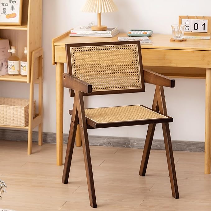 Rattan Accent Chairs, Modern Mid Century Dining Chairs Set of 2, Comfy Armchairs, Outdoor Rattan Chairs with Armrest for Bedroom Living Room Reading Room Dining Kitchen, Brown - LeafyLoom