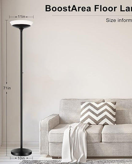 BoostArea Torchiere Floor Lamp, 24W Super Bright LED Standing Lamp, Stepless Dimmable Pole Lamp with 3000K Lighting, Rotary Switch, 70 Inch Tall Metal Modern Floor lamps for Living Room/Bedroom Black - LeafyLoom