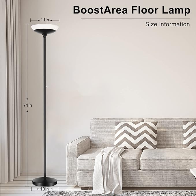 BoostArea Torchiere Floor Lamp, 24W Super Bright LED Standing Lamp, Stepless Dimmable Pole Lamp with 3000K Lighting, Rotary Switch, 70 Inch Tall Metal Modern Floor lamps for Living Room/Bedroom Black - LeafyLoom
