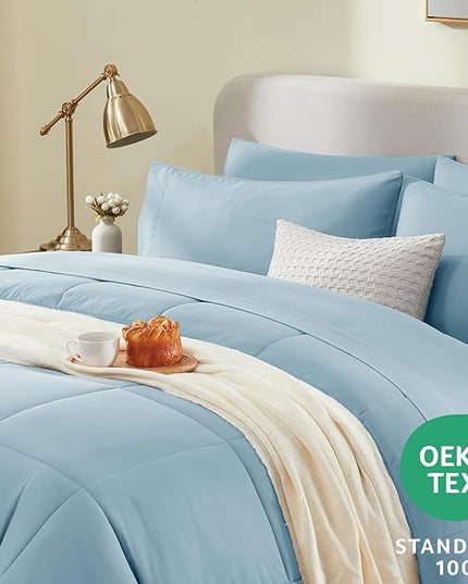 CozyLux Full Size Comforter Sets - 7 Pieces Bed in a Bag Set Light Blue, Bedding Sets Full with All Season Quilted Comforter, Flat Sheet, Fitted Sheet, Pillowcases, Light Blue, Full - LeafyLoom