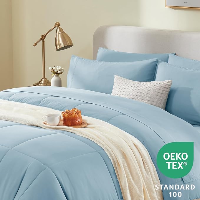 CozyLux Full Size Comforter Sets - 7 Pieces Bed in a Bag Set Light Blue, Bedding Sets Full with All Season Quilted Comforter, Flat Sheet, Fitted Sheet, Pillowcases, Light Blue, Full - LeafyLoom