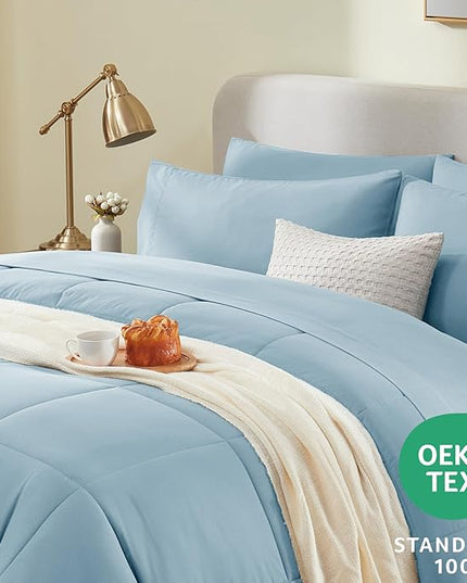 CozyLux Queen Size Comforter Sets - 7 Pieces Bed in a Bag Set Light Blue, Bedding Sets Queen with All Season Quilted Comforter, Flat Sheet, Fitted Sheet, Pillowcases, Light Blue, Queen - LeafyLoom