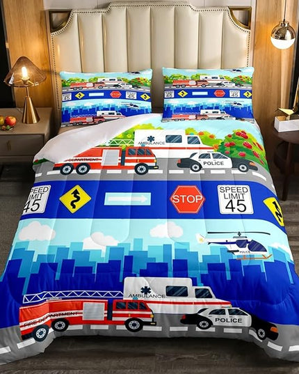 Kids Fire Trucks Car Comforter Set King Size Cartoon Police Car Down Comforter Airplane Ambulance Rescue Vehicles Beding Set Boys Girls Car Room Decor Soft Lightweight Duvet Set, Colorful Comforter - LeafyLoom