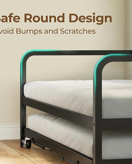 Rolanstar Daybed with Charging Station and LED Lights, Height Adjustable Twin Daybed with Trundle, Metal Sofa Bed Frame with Steel Slat Support for Living Room, Bedroom and Guest Room, Black - LeafyLoom
